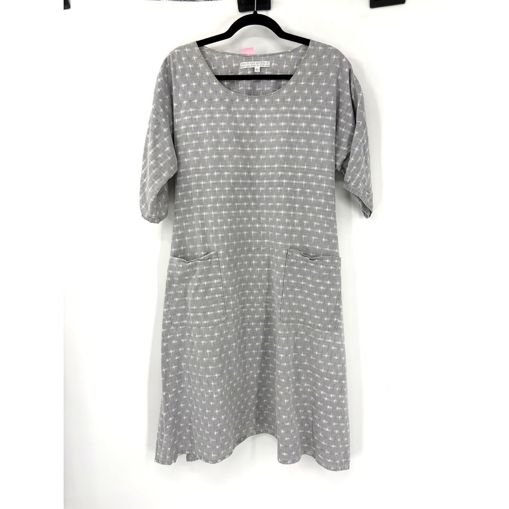 Love To Love You Grey Ikat Grid Print Midi Dress Back Tie Pockets Womens Large
